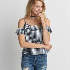 American Eagle Gingham Cold Shoulder Tank Top